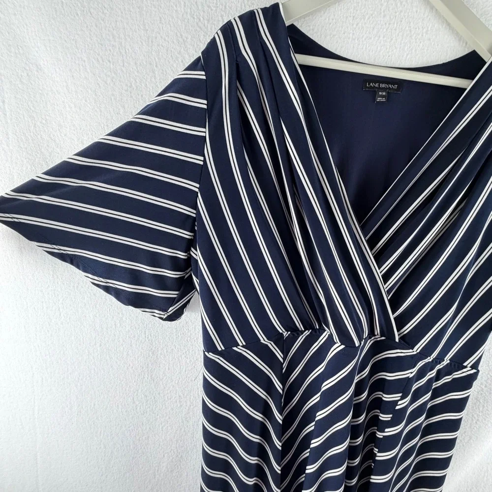 Lane Bryant Blue White Striped Faux‎ Wrap Maxi Dress Womens 18/20 Short Sleeve